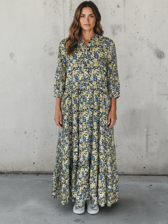MELLODAY Dresses & Skirts - Anthropologie MELLODAY Blue and Yellow Floral High Low Maxi Dress Small EUC